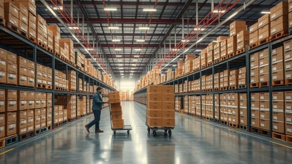 Warehouse employee moving parcels, depicting employee engagement strategies.