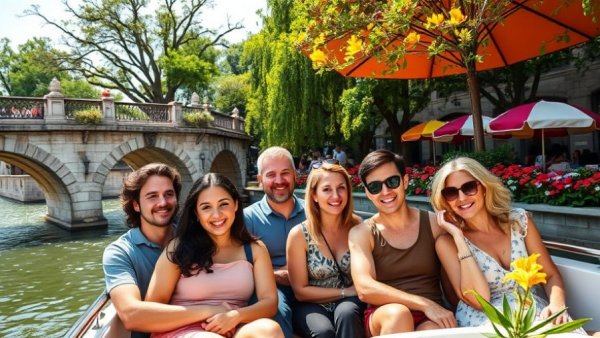 San Antonio family activities: River Walk boat tour under stone bridge.
