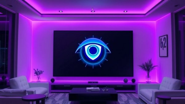 Futuristic smart TV with eye symbol in a modern room.