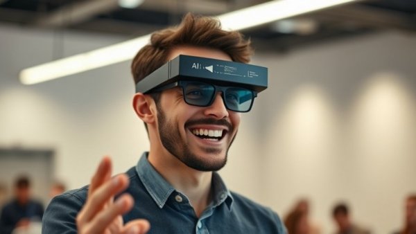 Man with AI glasses smiling in a tech presentation.