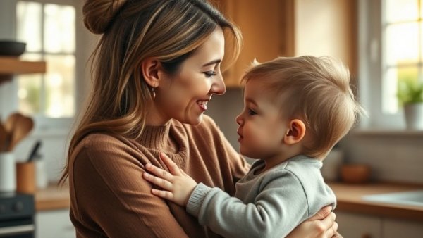 Mother and child bonding in a cozy kitchen, gentle parenting