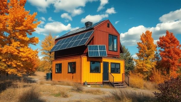 Off-grid tiny living container home with solar panels in autumn.