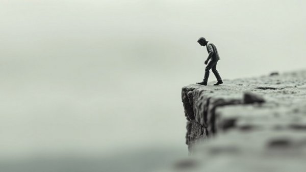 Pre-purchase fallacy brand strategy symbolized by a miniature figure peering over a large gap