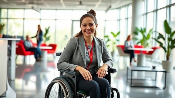 Embracing every ability in the workplace, confident woman in a wheelchair in office.