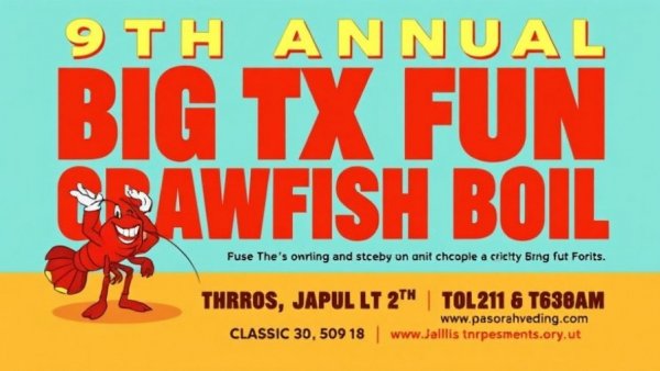 9th Annual Big TX Fun Crawfish Boil event poster with cartoon crawfish