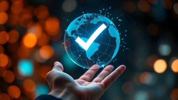 Digital globe with checkmark symbolizes compliance by design in remote work.