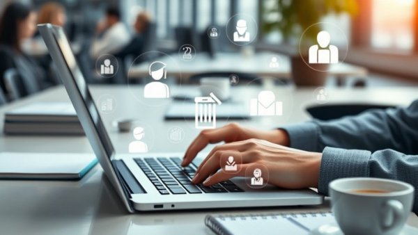 Invest in human skills: hands typing on laptop with skill icons.