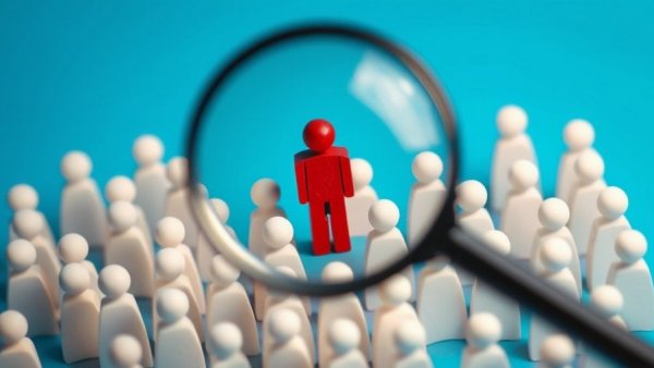 Magnifying glass over red figure; military transition recruiting hacks.