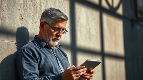 Man in urban setting using a tablet; future of work automation workplace.