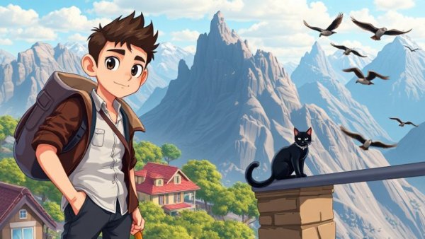 Grave Seasons game character in colorful mountain landscape with house and cat.