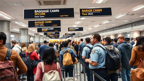 Long line of travelers at airport security managed by TSA workers, busy environment.