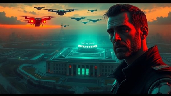 Illustration depicting technological dominance over Pentagon, neon glow.