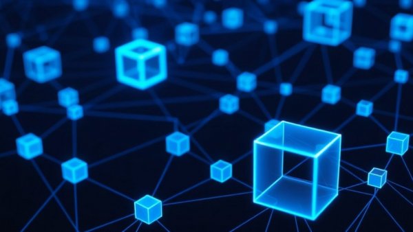 Futuristic 3D blue cubes network, HR technology theme.