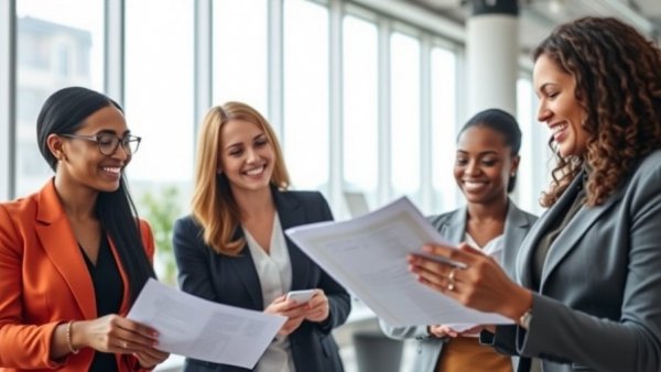 Diverse businesswomen in an office discussing documents, ERG news 2025.