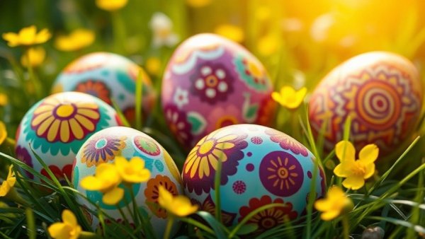 Colorful Easter eggs in grass, Omaha Easter celebrations.