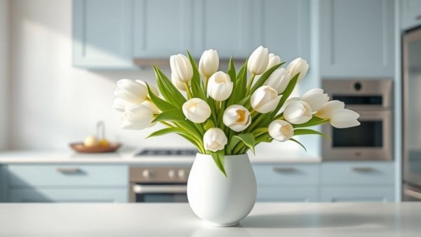Elegant white tulip bouquet in kitchen, Amazon Big Spring Sale 2026.