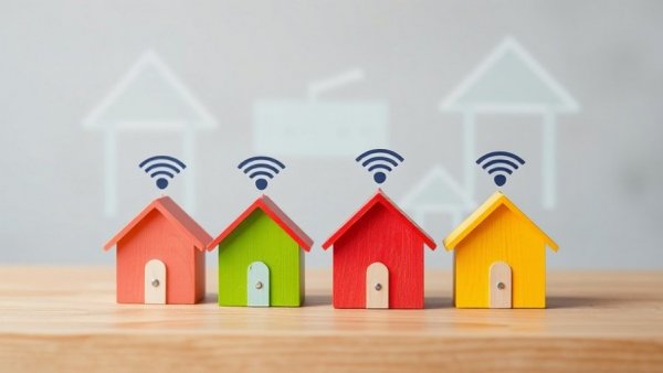 WPA3 Wi-Fi security represented by wooden houses with Wi-Fi symbols.