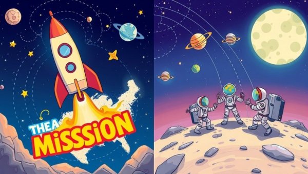 Omaha student space experiment illustrations with stars and rockets.