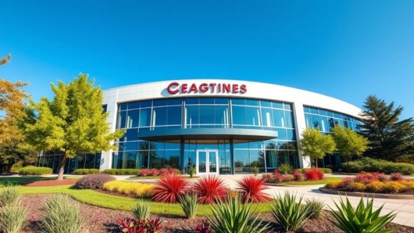 Corporate office building emphasizing digital wellbeing in HR with lush greenery