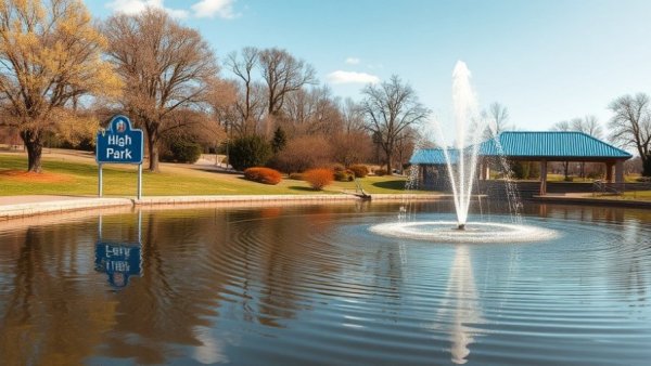 Tranquil park setting with a pond and 'High Park' sign.