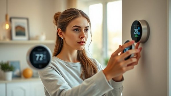 Modern smart thermostats being used by a young woman in home environment.