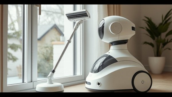 Modern robot vacuums in use indoors, photorealistic style.