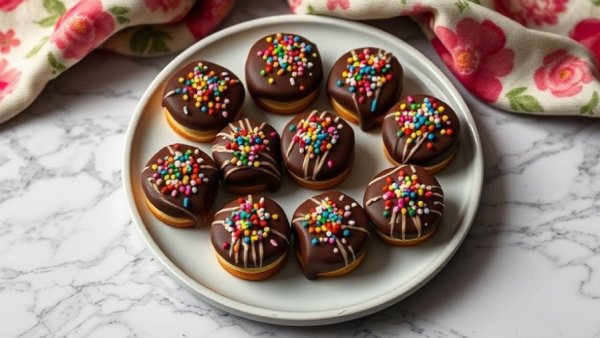 Colorful chocolate treats with sprinkles on plate; healthy family meals.