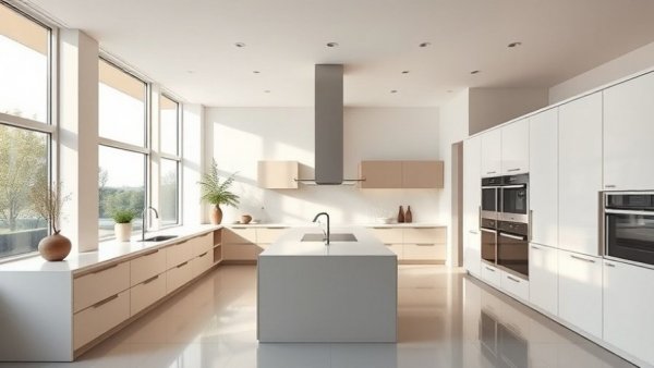 Modern kitchen layout emphasizing remote work efficiency with elegant design.