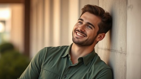 Young man in green shirt leaning on a wall, photorealistic style.