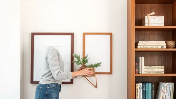 Young woman organizing wooden DIY garage shelving.