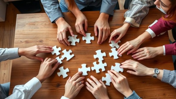 Diverse hands collaborating on puzzle pieces illustrating DEI compliance for federal contractors.