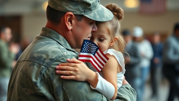 Military reunion depicting a child hugging a soldier.