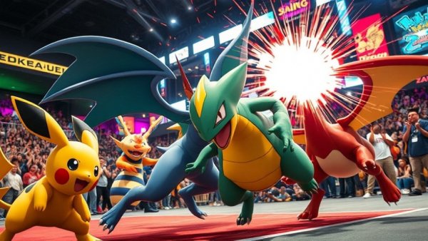 Vivid Pokémon competition scene in a colorful arena with cheering crowd.