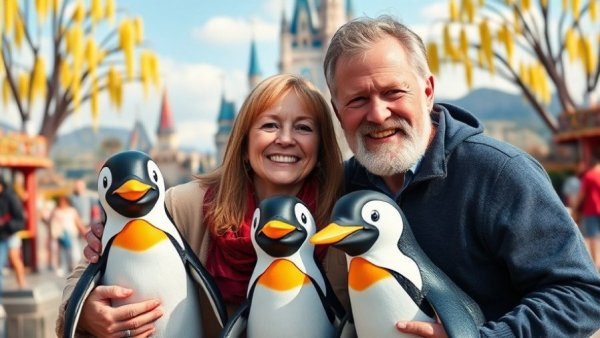 Joyful couple enjoys whimsical Disney World photo spot with penguins.