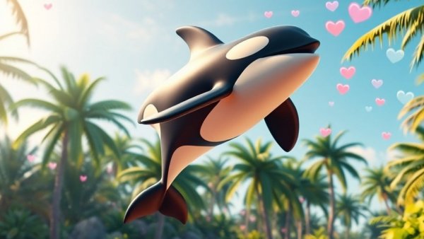 Whimsical orcas leaping with sparkles in tropical background.