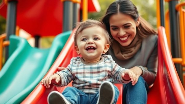 Toddler sliding joyfully with adult, showcasing panda parenting.