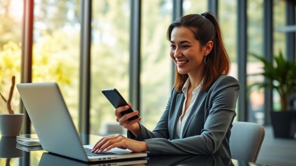 AI in HR technology: Businesswoman using voice command on laptop.
