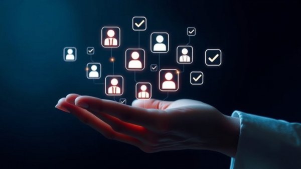 AI transforming recruitment concept with digital symbols and hand.