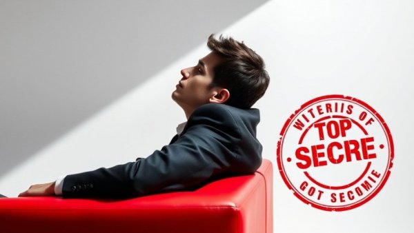 Young man in suit on red sofa with 'Top Secret' background.