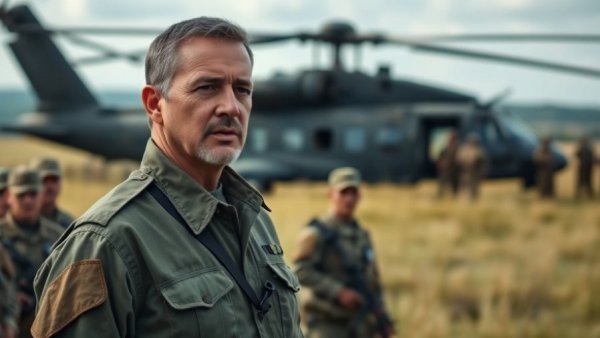 Military briefing near helicopter with National Guard members.