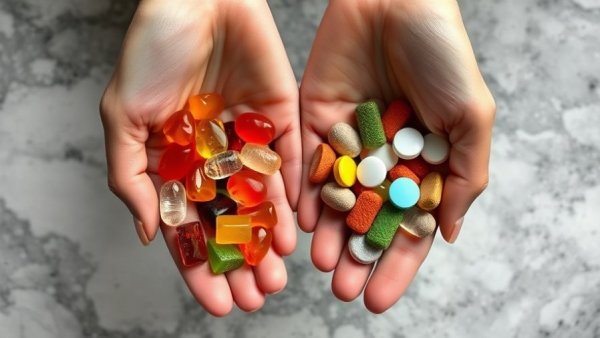 Close-up of hands holding gummy vitamins for kids on marble.