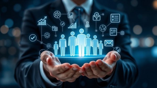 AI in recruiting concept with holographic figures and digital icons.