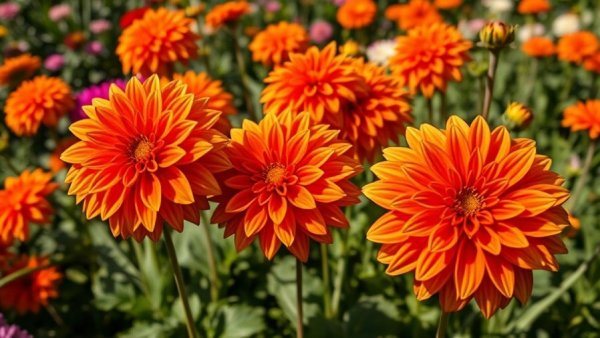 Vibrant orange dahlias blooming in colorful garden Omaha