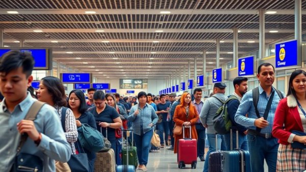 Travelers in line at airport, business travel TSA workers pay context.