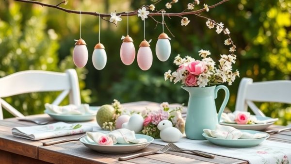 Serene Easter tableware collection setup with pastel decorations.