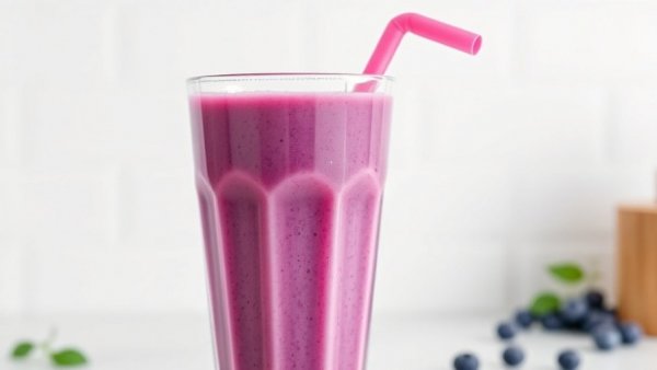 Delicious purple pregnancy smoothie with pink straw in a glass.