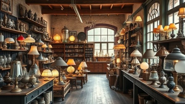 Antique shop with vintage lamps showcasing ergonomic office setups inspiration.