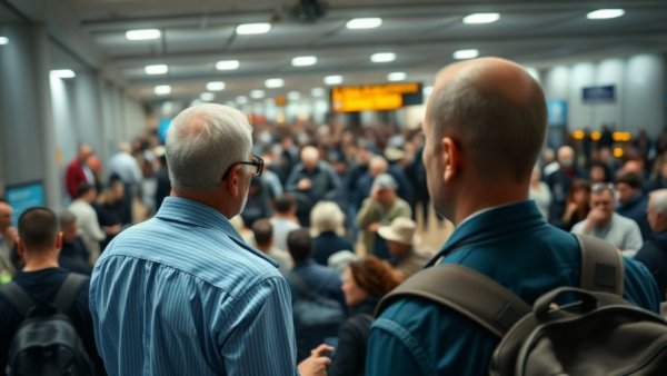 TSA agent overseeing crowded airport terminal.