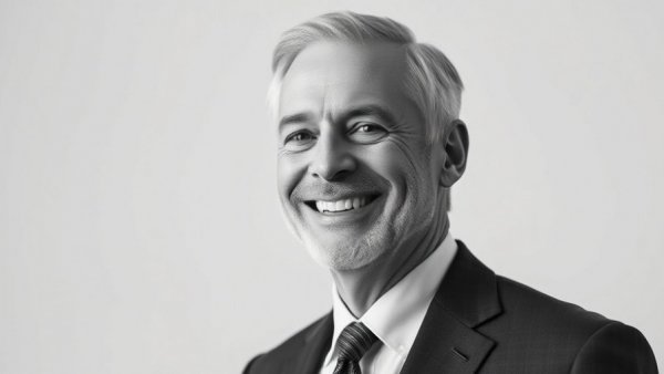 Confident executive smiling in business attire, monochrome portrait.