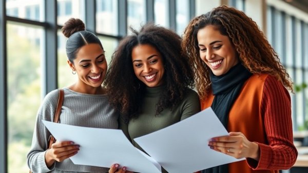 Three women in a modern office discussing documents.